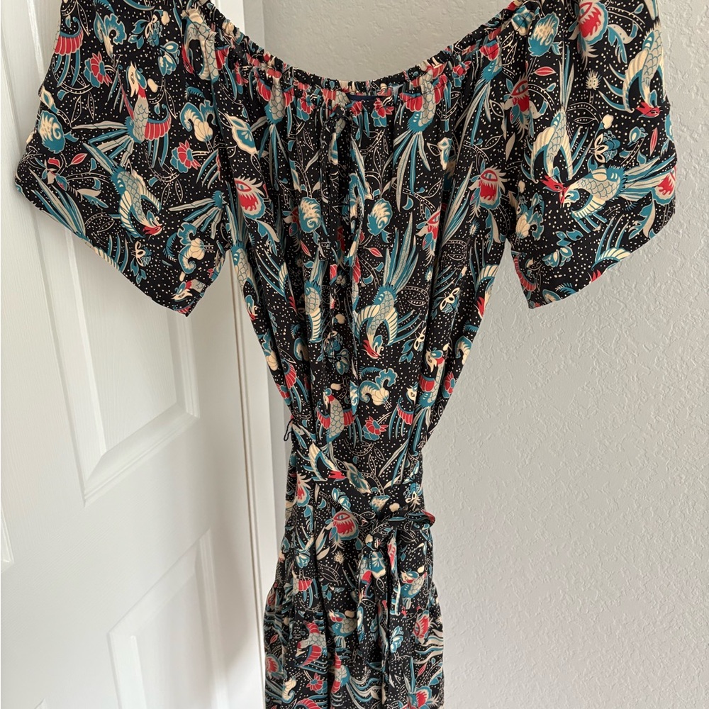 Esprit - Floral Off-Shoulder Dress - Black and Blue, with same color belt, silk